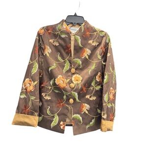 Cathayana Brown Embroidered Floral Womens Jacket, Handmade Button Closures Small